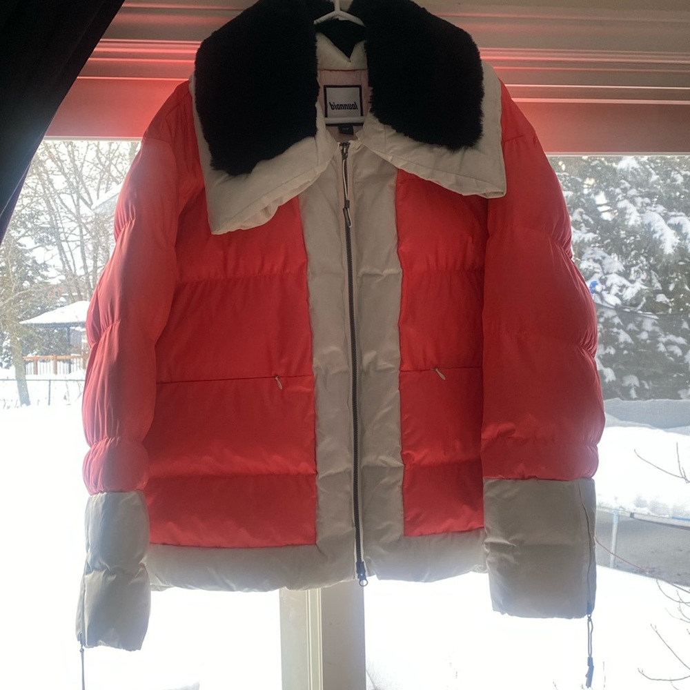 Beautiful Coral, black & white winter ski jacket